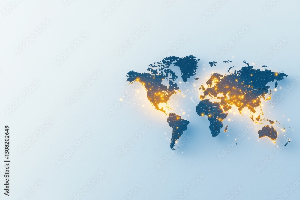 Poster glowing world map displaying interconnected continents and oceans across the global landscape symbol