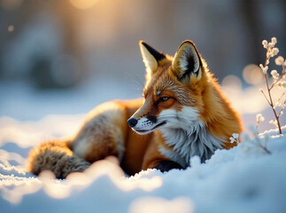 Fototapeta premium A calmly resting fox nestled in a serene winter landscape, bathed in soft, diffused light. Emphasize tranquility, harmony with nature, and wellness. Create a detailed, high-resolution image for a re