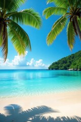 Fototapeta premium Lush palms frame pristine beach, crystal clear water reflects sunlight , tropical flora, scenic view, crystal water