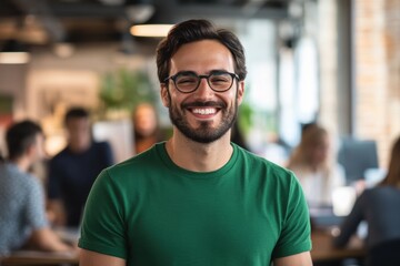 A cheerful young man with glasses and a green shirt smiles confidently in a lively office environment. Colleagues are engaged in discussions in the background, showcasing a collaborative workspace.