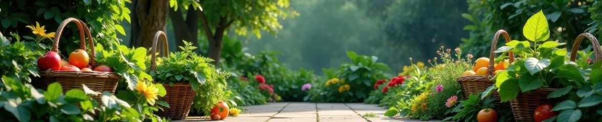 Overgrown garden backdrop, overflowing baskets , colorful, blossom, background