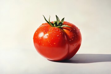A fresh red tomato glistens with water droplets against a neutral background, embodying farm-to-table appeal and vibrant culinary potential.