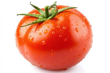 A vibrant red tomato glistens with water droplets against a clean white background, showcasing its freshness and juiciness, ideal for culinary themes.