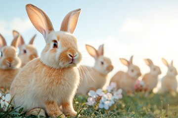 Fototapeta premium Cute Rabbits Sitting in Grass with Blossoming Flowers and Soft Light
