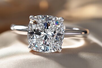 A stunning close-up of a brilliant cushion-cut diamond engagement ring set in a sleek metallic band, shining beautifully against a soft fabric background.