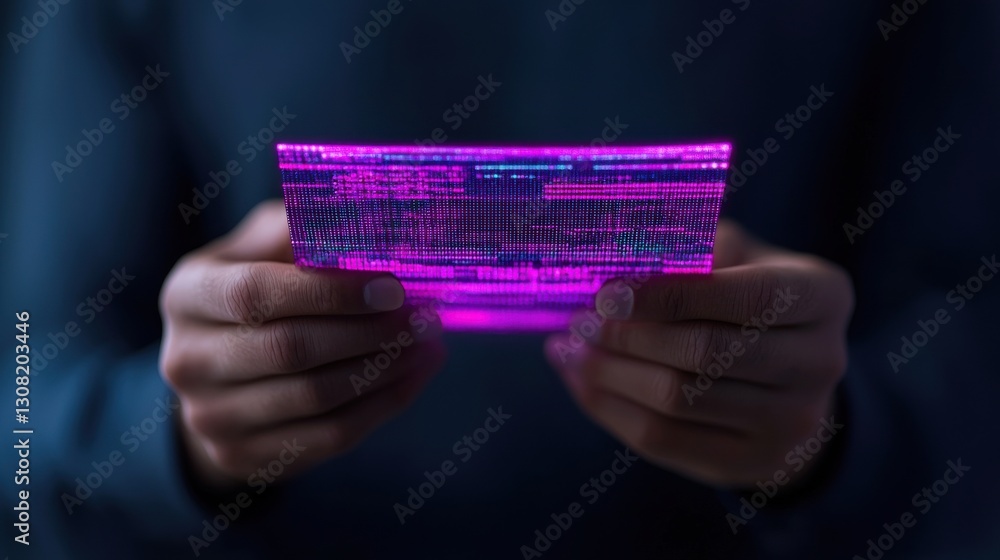 Poster hands holding glowing digital device in dark setting with vibrant purple illumination representing a