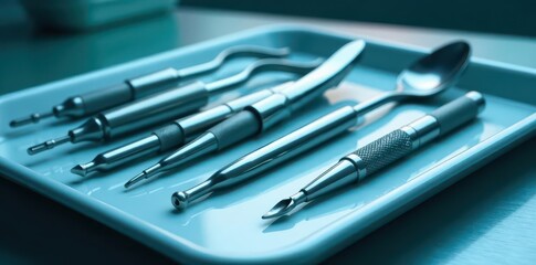Gleaming stainless steel surgical instruments on a sterile tray, backdrop, operating theatre