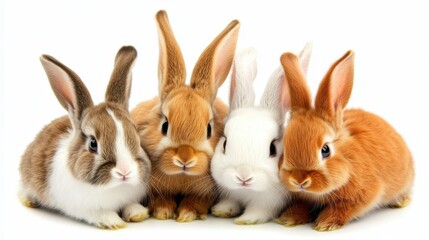 Obraz premium Four adorable bunnies of different colors and fur textures sit closely together against a white background. Their fluffy fur and sweet expressions