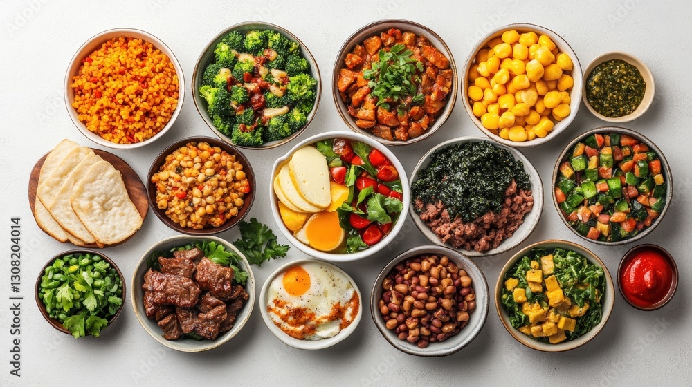 Poster an array of different food items displayed in bowls showcasing a rich variety of colors and textures