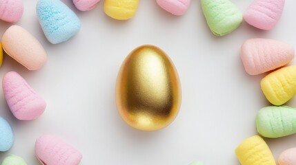 Fototapeta premium Gold egg in pastel candy frame. White background. Festive, celebratory image, Easter theme, spring colors. Overhead studio shot