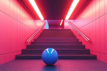 Obraz premium Neon-lit, futuristic stairway interior with a blue sphere.