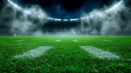 Obraz premium Night Stadium Green Field Fog Soccer Football Lights