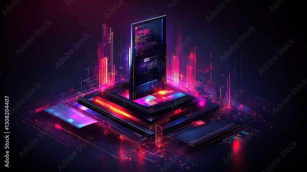 Poster futuristic computer displayed against a striking neon colored background creating a vibrant and eye-