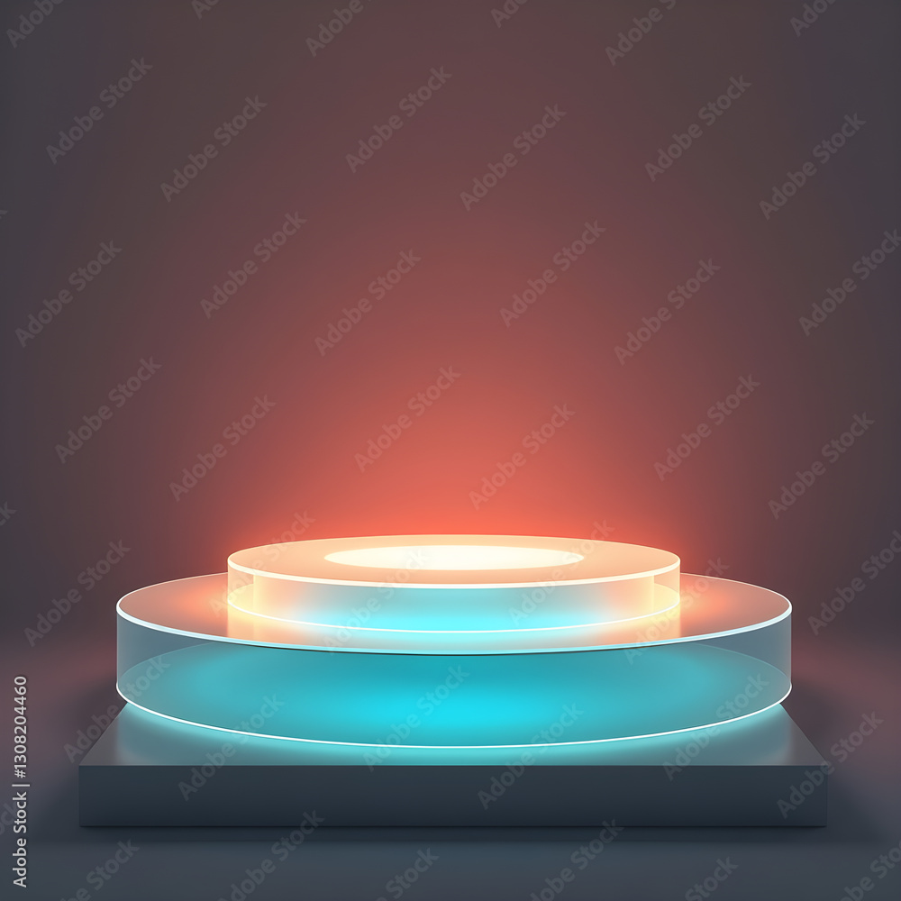 Fototapete a neon-lit circular platform with translucent panels and glowing text, creating a futuristic, high-t