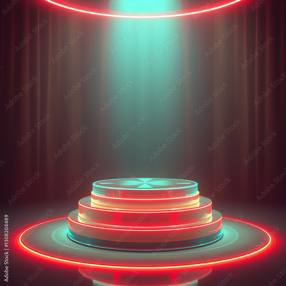 Fototapete a neon-lit circular platform with translucent panels and glowing text, creating a futuristic, high-t