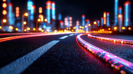 Obraz premium A captivating cityscape at night with illuminated buildings and streets highlighting urban life in realistic photography