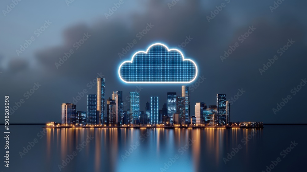 Poster glowing cloud computing technology represented by a futuristic city skyline with skyscrapers and tow