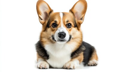 Obraz premium Elegant Brown Corgi resting on pure white, gazes to the left with a playful tilt. Enchanting blend of brown and black fur highlights every detail