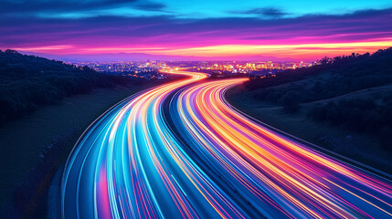 Vibrant Neon Light Trails on Highway Leading to a Futuristic City at Sunset  
