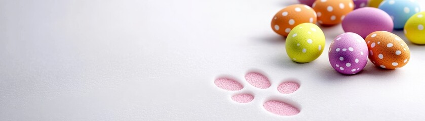 Obraz premium Pastel colored Easter eggs scattered on a white sparkly surface with a pink bunny footprint. Festive spring holiday image