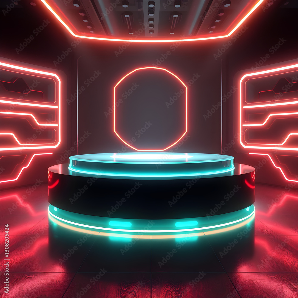 Fototapete a neon-lit circular platform with translucent panels and glowing text, creating a futuristic, high-t