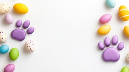 Pastel colored Easter eggs and purple paw prints on a white background. Festive spring or Easter design with copy space
