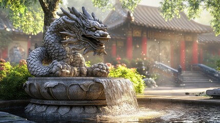 Obraz premium Majestic Stone Dragon Statue in Lush Garden with Serene Fountain