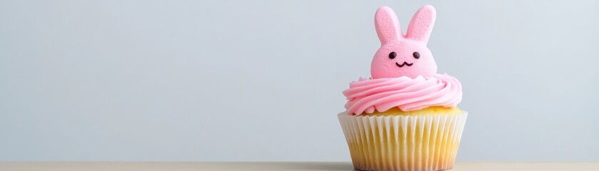 A single pastel pink cupcake with a bunny shaped frosting decoration sits on a light wooden surface against a light gray background. 