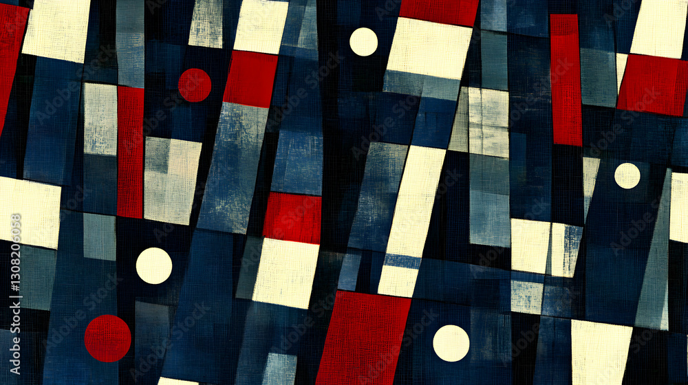 Poster abstract geometric art featuring red, blue, and off-white rectangles and circles, creating a dynamic