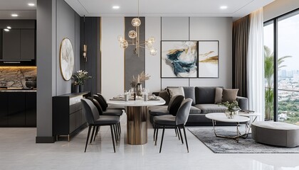 Modern Gray and Gold Apartment Interior with City View
