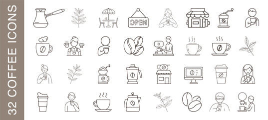 Coffee shop icon set, can be used on websites and apps, isolated and editable vector icons.