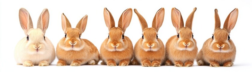 Obraz premium Six adorable rabbits of light brown and cream colors sit side by side against a stark white background. Their ears are upright, and they gaze