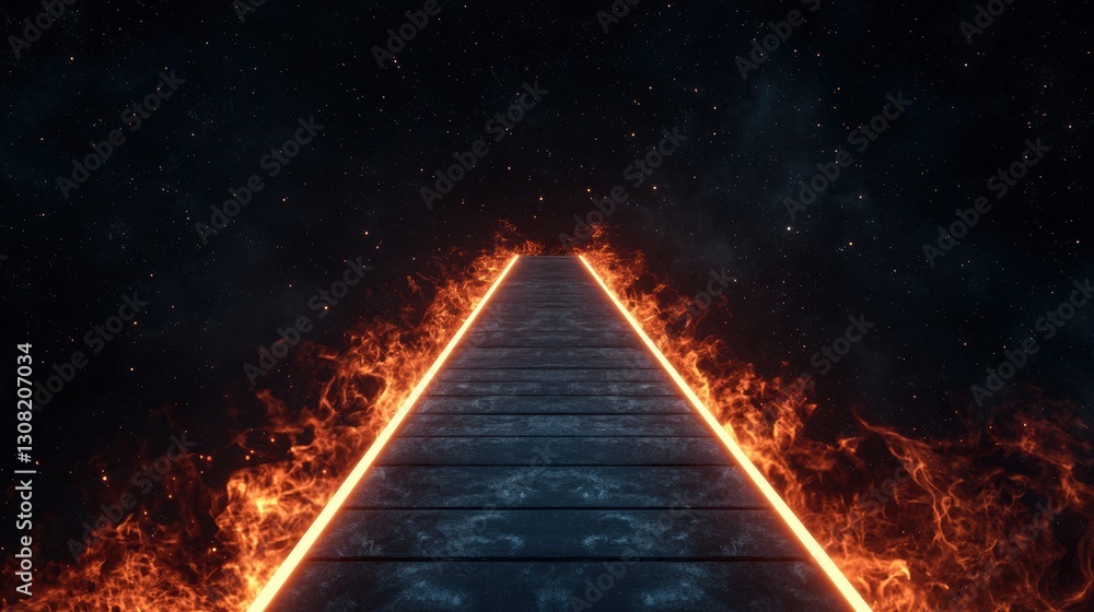 Poster a fiery path illuminated against a dark, starry backdrop, creating a surreal and dramatic visual exp