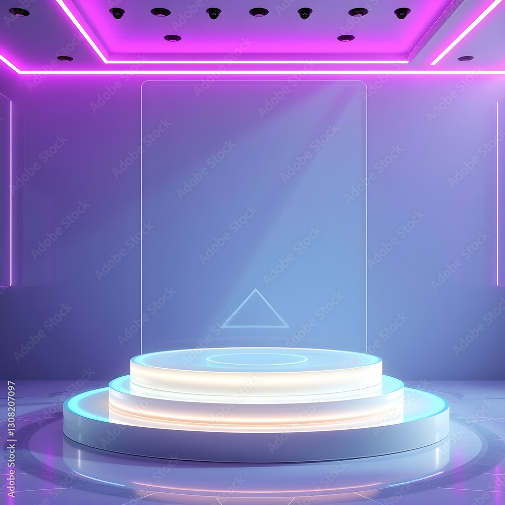 Fototapete a neon-lit circular platform with translucent panels and glowing text, creating a futuristic, high-t
