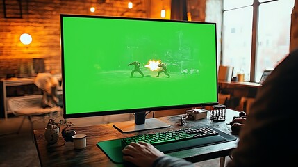 Gamer plays action scene on green screen