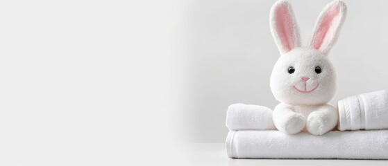 Obraz premium White fluffy bunny toy sits on a stack of white towels against a white background. Soft, clean, and serene image