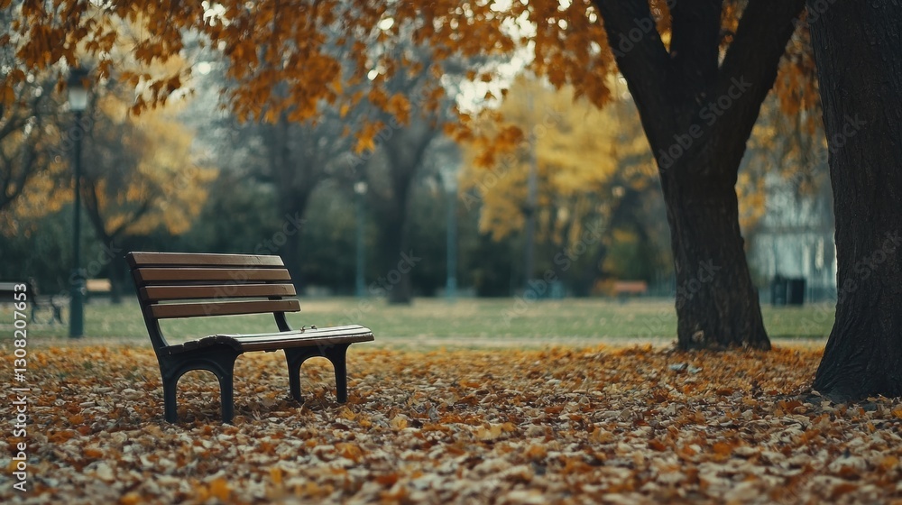 Poster solitary bench under a tree surrounded by autumn leaves inviting peaceful reflection in the park gen