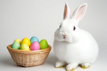 Fluffy white rabbit sits beside a wicker basket filled with colorful Easter eggs against a light gray background. A festive spring image