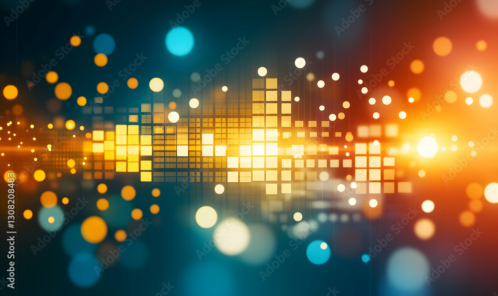 Poster abstract background with glowing squares and bokeh lights, ideal for technology, music, or data visu