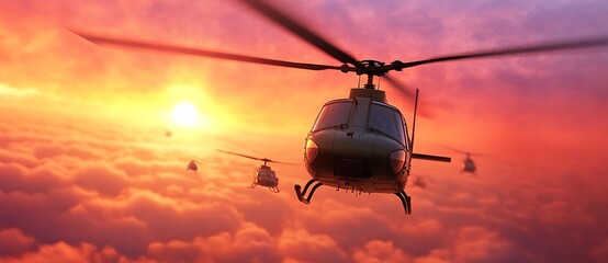 Fototapeta na wymiar Helicopter Sunset Flight Aerial View Military Aircraft Red Sky