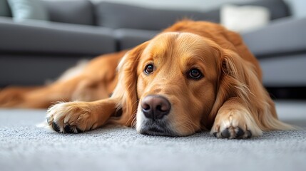 Closeup Portrait of Adorable Golden Retriever Dog Lying Relaxed on Floor at Home