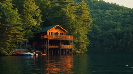 Obraz premium Serene Mountain Retreat with Rustic Cabin by Calm Lake at Sunset