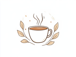 Cozy coffee cup with steam and leaves, perfect for warm vibes