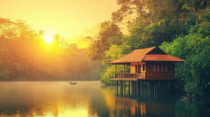 Fototapeta premium Serene Sunset Over Tranquil Lake and Wooden Cottage in Nature