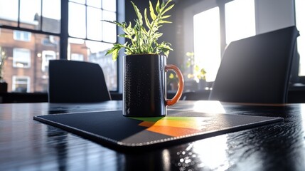 Modern Office Desk  Plant in Mug  Sunlit Workspace