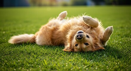 Happy Golden Retriever playfully rolls on green grass bathed in warm sunlight. AI Generated