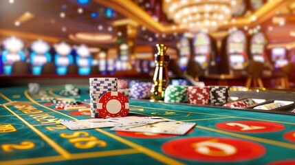 vibrant casino scene with poker chips, playing cards, and roulette table, capturing excitement and energy of gambling. background is filled with colorful lights and slot machines