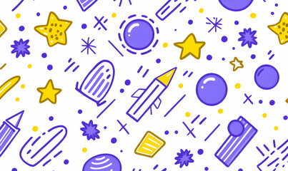 Cheerful space-themed seamless pattern featuring stars, planets, rockets, and playful lines. Ideal for kids' products, textiles, and playful backgrounds.