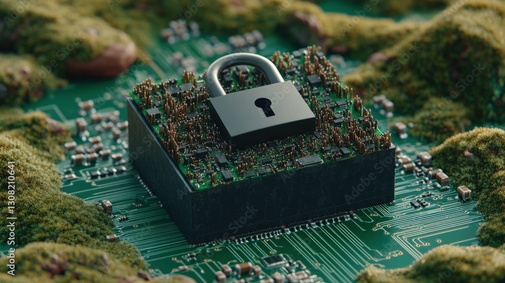 Poster a secure padlock resting on a complex circuit board representing digital security and cyber protecti