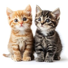 Two Adorable Kittens Sitting Together on a Plain White Background
